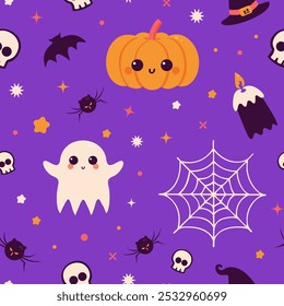 Cute Halloween seamless pattern with ghosts, pumpkins, spiders and skulls on purple background. Kawaii vector characters. Holiday wrapping design for print.