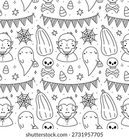 Nettes, nahtloses Halloween-Muster mit Geistern, Vampiren, Kürbissen, Spinnennetzen, Schädeln und Knochen. Lustiges, handgezeichnetes Schwarz-Weiß-Design zum Färben von Seiten, Packpapier und Dekorationen. Doodle-Stil.