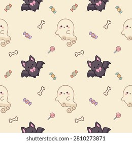 Cute Halloween Seamless Pattern. cute ghosts and bat, kawaii cartoon background. for fabric print, gift wrapping paper, wallpaper. Vector illustration