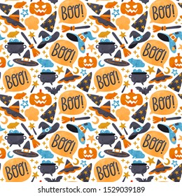 Cute halloween seamless pattern in hand drawn watercolor style. Spooky children cartoon background for october holiday. Includes witch hat, carved pumpkin, ghost boo message.