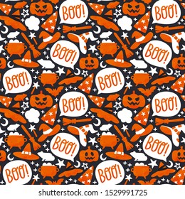 Cute halloween seamless pattern in hand drawn watercolor style. Black and orange cartoon background for october holiday. Includes witch hat, carved pumpkin, ghost boo message.