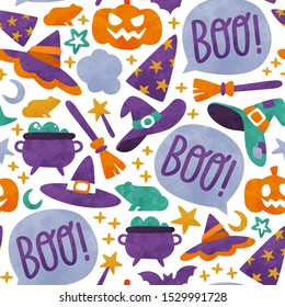 Cute halloween seamless pattern in hand drawn watercolor style. Spooky children cartoon background for october holiday. Includes witch hat, carved pumpkin, ghost boo message.