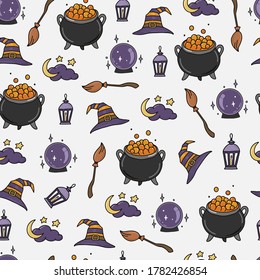 cute Halloween seamless pattern with hand drawn witch doodles on white background. Festive wrapping paper, textile print, scrapbook, stationery, wallpaper, etc. EPS 10