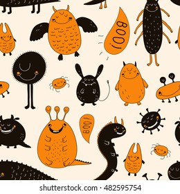 cute halloween seamless pattern with happy hand drawn monsters 