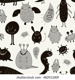 cute halloween seamless pattern with happy hand drawn monsters