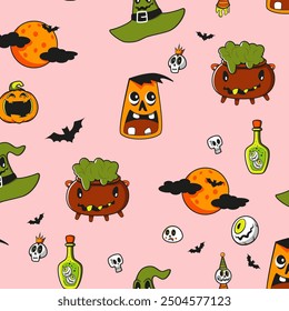 Cute Halloween seamless pattern. Hat, mushrooms, poison, hat witch, bat, skull. Pink background. Kids print. Vector illustration.