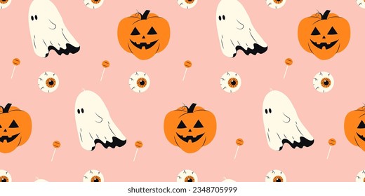 Un lindo patrón de Halloween sin fisuras con calabaza embrujada y ojos en fondo rosado. Halloween varios elementos. Patrón para envolver papel y diseño de impresión. Ilustración de material vectorial en estilo de caricatura.