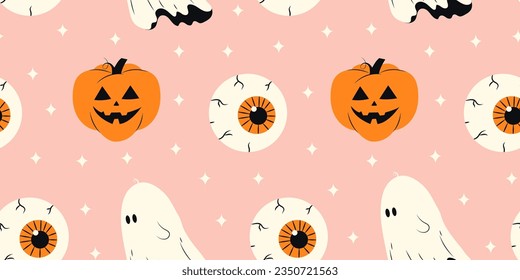 Cute Halloween seamless pattern with haunted pumpkin and eyes on pink background. Halloween various elements. Pattern for wrapping paper and print design. Vector stock illustration in cartoon style.