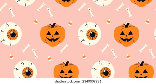 Cute Halloween seamless pattern with human eyes pumpkin and bones on a pink background. Halloween various elements. Pattern for and print design. Vector stock illustration in cartoon style.