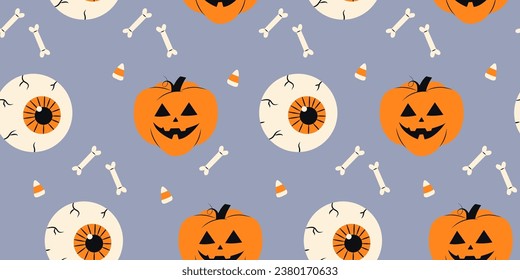 Cute Halloween seamless pattern with human eyes pumpkin and bones on a violet background. Halloween various elements. Pattern for and print design. Vector stock illustration in cartoon style.