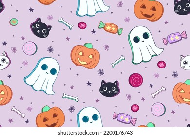 Cute Halloween seamless pattern inspired by sweet cookies. Original vector illustrations in cartoon retro style perfect for baby or kids products, fabric, packaging or any celebration products.