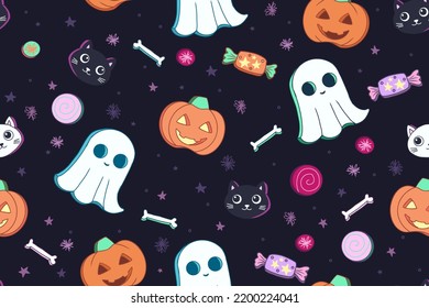 Cute Halloween seamless pattern inspired by sweet cookies. Original vector illustrations in cartoon retro style perfect for gifts, kids products, fabric, packaging or any holiday products.