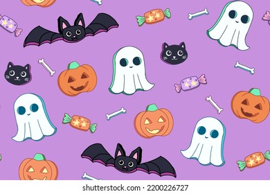 Cute Halloween seamless pattern inspired by sweet cookies. Original vector illustrations in cartoon retro style perfect for baby or kids products, fabric, packaging or any celebration products.