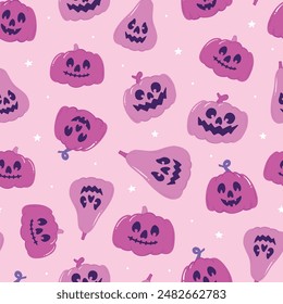 Lindo patrón sin fisuras de Halloween con calabazas de gato o linterna sobre fondo rosa para ropa de niños, estampados textiles, proyectos de bricolaje, Fondo de pantalla, papel de embalaje, fondos digitales, etc. EPS 10