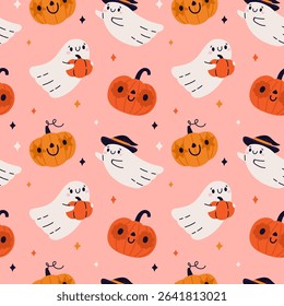 Cute halloween seamless pattern. Kawaii ghosts and funny pumpkins characters, repeated spooky holiday mascots. Textile, wrapping paper, wallpaper. Print for fabric, garish vector background