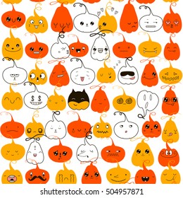 Cute Halloween seamless pattern with kawaii pumpkins. Funny vector background with faces in cartoon.