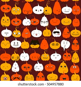 Cute Halloween seamless pattern with kawaii pumpkins. Funny vector background with faces in cartoon.