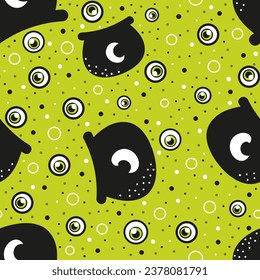 Cute halloween seamless pattern for kids with witch cauldron and eyes on green background, printable ornament for spooky holidays