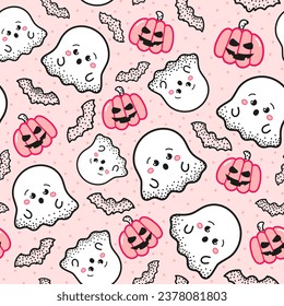 Cute halloween seamless pattern for kids with kawaii ghosts and pumpkin, bats on pink background, printable ornament for spooky holidays
