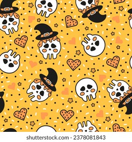 Cute halloween seamless pattern for kids with skulls wearing witch hat and sweets, printable ornament for spooky holidays