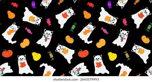 cute halloween seamless pattern for kids with ghost cats pumpkins and candies on a dark black background perfect for children's textiles