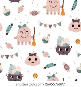 Cute Halloween seamless pattern for kids. Spooky Halloween hand drawn vector pattern in flat style