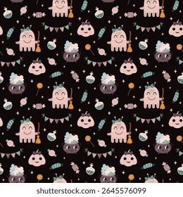Cute Halloween seamless pattern for kids. Spooky Halloween hand drawn vector pattern in flat style