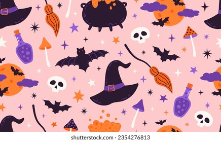 Cute Halloween seamless pattern. Magic cauldron, hat, mushrooms, poison, hat witch, bat, skull. Pink background. Kids print.