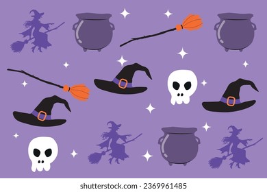 Cute Halloween seamless pattern. Magic cauldron, hat, witch, broom and skull. purple background. Kids print.