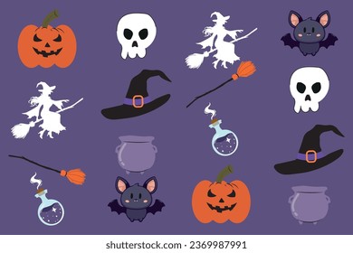 Cute Halloween seamless pattern. Magic cauldron, hat, witch, broom, pumpkin and bat. purple background. Children's print.