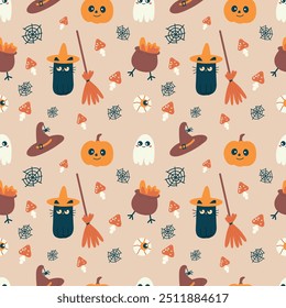 Cute Halloween seamless pattern. Magic cauldron, cat, mushrooms, hat, bat, skull. Kids print. Vector cartoon illustration. Good for textile fabric design, wrapping paper, website wallpapers, textile.