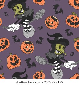 Cute Halloween seamless pattern. Magic witch, poison, bats, skull and pumpkins. Hand drawn retro cartoon style 50s background.