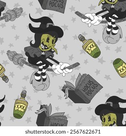 Cute Halloween seamless pattern. Magic witch, poison, bats, skull. Hand drawn retro cartoon style 50s background.