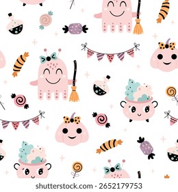 Cute Halloween seamless pattern with monster, pumpkin, potions, candies. Spooky season illustration.	
