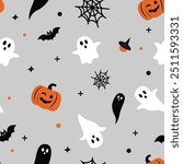 Cute halloween seamless pattern on grey background. Halloween characters, cartoon ghost, pumpkin, bats. Print for fabric texture, decoration, wrapping paper. Vector illustration