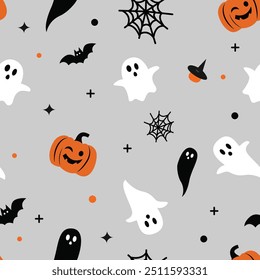 Nettes, nahtloses Halloween-Muster auf grauem Hintergrund. Halloween-Figuren, Cartoon-Geist, Kürbis, Fledermäuse. Druck für Stofftextur, Dekoration, Umhüllungspapier. Vektorgrafik