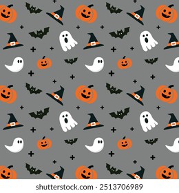 Lindo patrón transparente de halloween sobre fondo gris. Personajes de Halloween, fantasma de dibujos animados, calabaza, murciélagos. Impresión para textura de tela, decoración, papel de embalaje. Ilustración vectorial