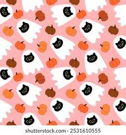 Cute halloween seamless pattern on grey background. Halloween characters, cartoon ghost, pumpkin,