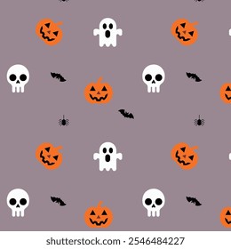 Cute Halloween seamless pattern on grey background. Halloween characters, cartoon ghost, pumpkin, bats. Print for fabric texture, decoration, wrapping paper.