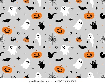 Cute halloween seamless pattern on grey background. Halloween characters, cartoon ghost, pumpkin, bats. Print for fabric texture, decoration, wrapping paper. Vector illustration.