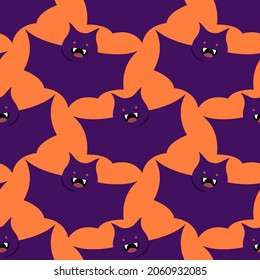 Un lindo patrón de Halloween sin fisuras. Fondo naranja con murciélagos morados graciosos al estilo de las caricaturas planas. Afiche de la víspera de todos los santos. Personajes de Halloween. Decoración de moda. Ilustración vectorial.