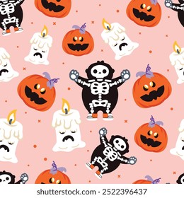 Cute Halloween Seamless Pattern Pencil Style on Pink Background.