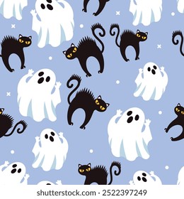 Cute Halloween Seamless Pattern Pencil Style on Blue Background.