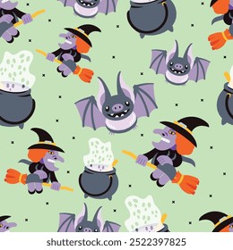 Cute Halloween Seamless Pattern Pencil Style on Green
 Background.