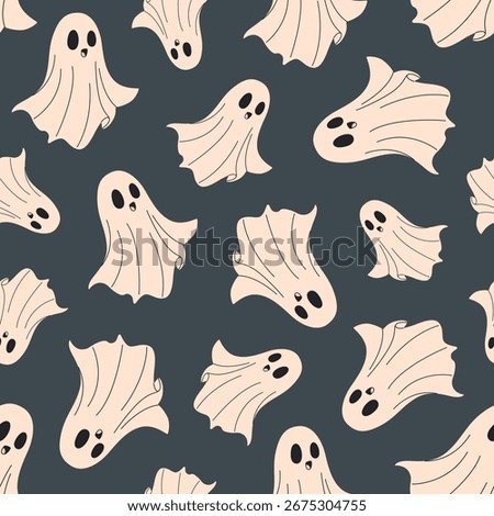 Cute Halloween seamless pattern with playful flying ghosts on a dark background. Ideal for spooky season fabrics, decor, prints, and digital projects. Simple vector tile in flat style.