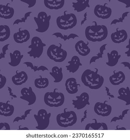 Cute halloween seamless pattern of pumpkin, bat and ghost on purple background. Vector illustration. Halloween background