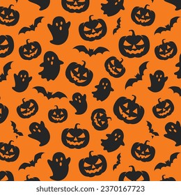 Un lindo patrón de halloween sin fisuras de calabaza, murciélago y fantasma en el fondo naranja. Ilustración vectorial. Fondo de Halloween
