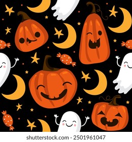 Cute Halloween seamless pattern. Pumpkin, hat, ghost, sweets, star and other. Kids print.