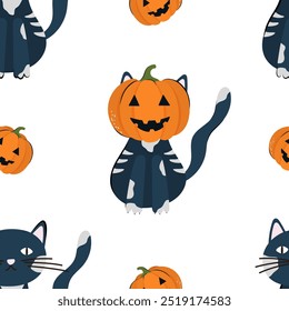Cute Halloween seamless pattern with pumpkin and cat. Vector background for design textile or backdrop. Halloween holiday concept
