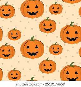 Lindo patrón sin fisuras de Halloween con calabaza. Fondo de Vector para diseño textil o telón de fondo. Concepto de vacaciones de Halloween